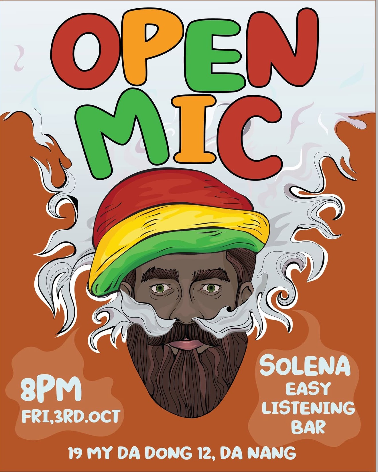Open Mic Night poster — rasta character illustration